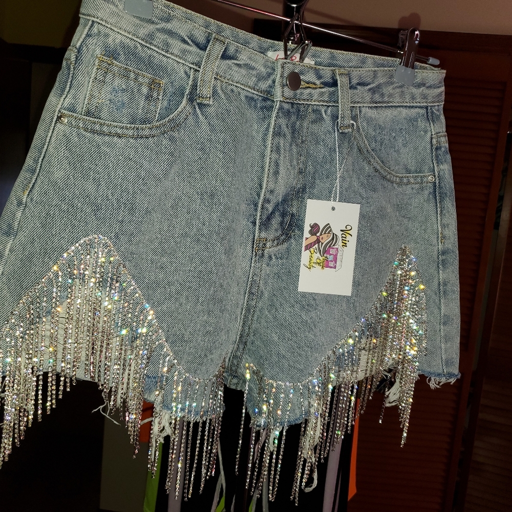 Rhinestone Shorts - Fringe Denim